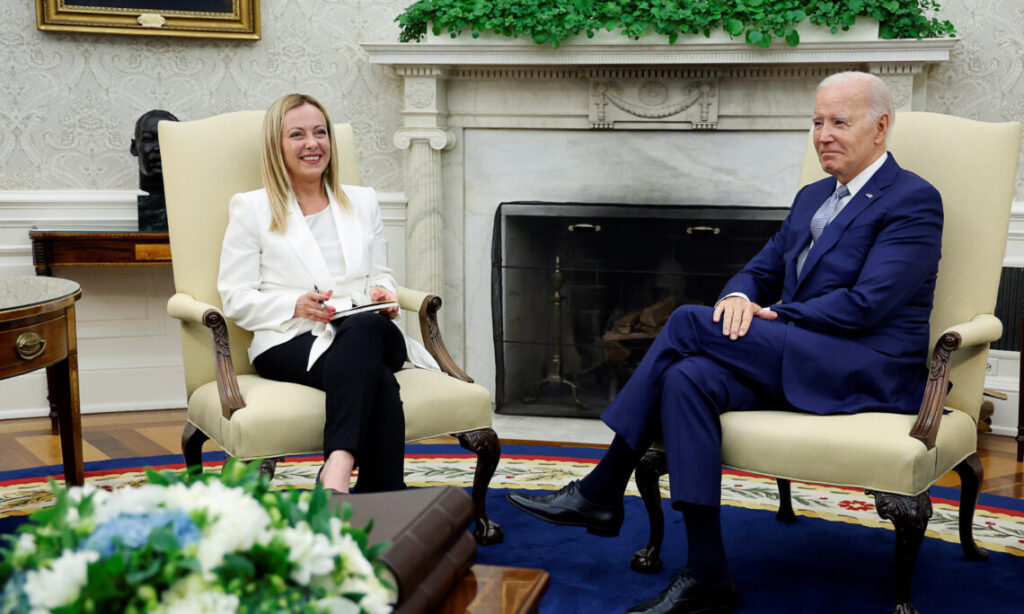 U.S. President Joe Biden welcomes Italy's Prime Minister Giorgia Meloni, in the Oval Office at the White House, in Washington, U.S. July 27, 2023. REUTERS/Jonathan Ernst